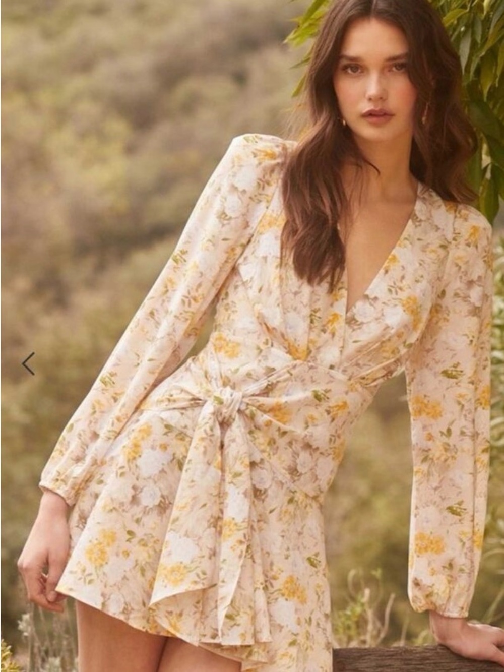 Astr Floral Wrap Long-Sleeve Mini Dress in Cream and Yellow Size S